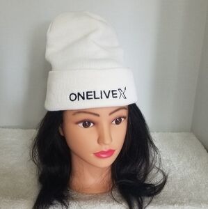 YP Classics "ONELIVEX" creme beanie with embroidered logo